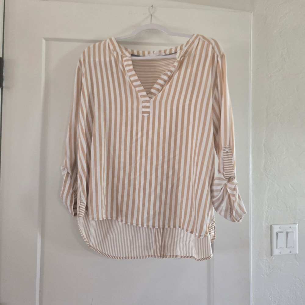 Jane +‎ Delancey Blouse Womens L Tan White Striped Roll Tab Sleeve Button Back